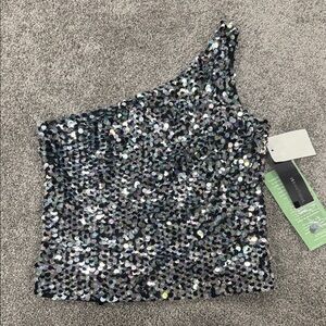 JS Boutique Sequin One-Shoulder Tank Top - Silver and Black